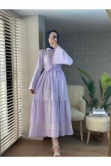 Kadın Gömlek Yaka Nakışlı Keten Elbise Lila - L/XL