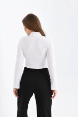 Kadın Yarım Balıkçı Yaka Kolu Düğmeli Crop Bluz Beyaz - L