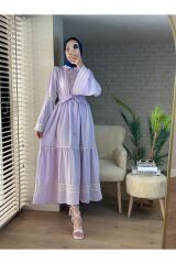 Kadın Gömlek Yaka Nakışlı Keten Elbise Lila - M