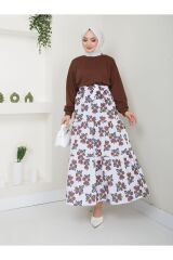KOPYA - Kadın Çiçekli Etekli Tesettür Takım Kahverengi - XL
