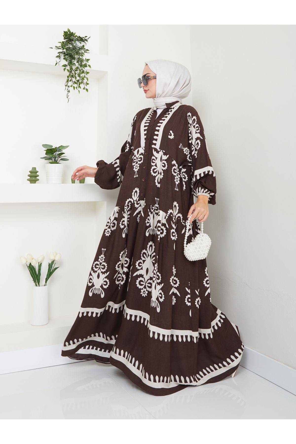 Kadın Etnik Desenli Elbise Kahverengi - S/M