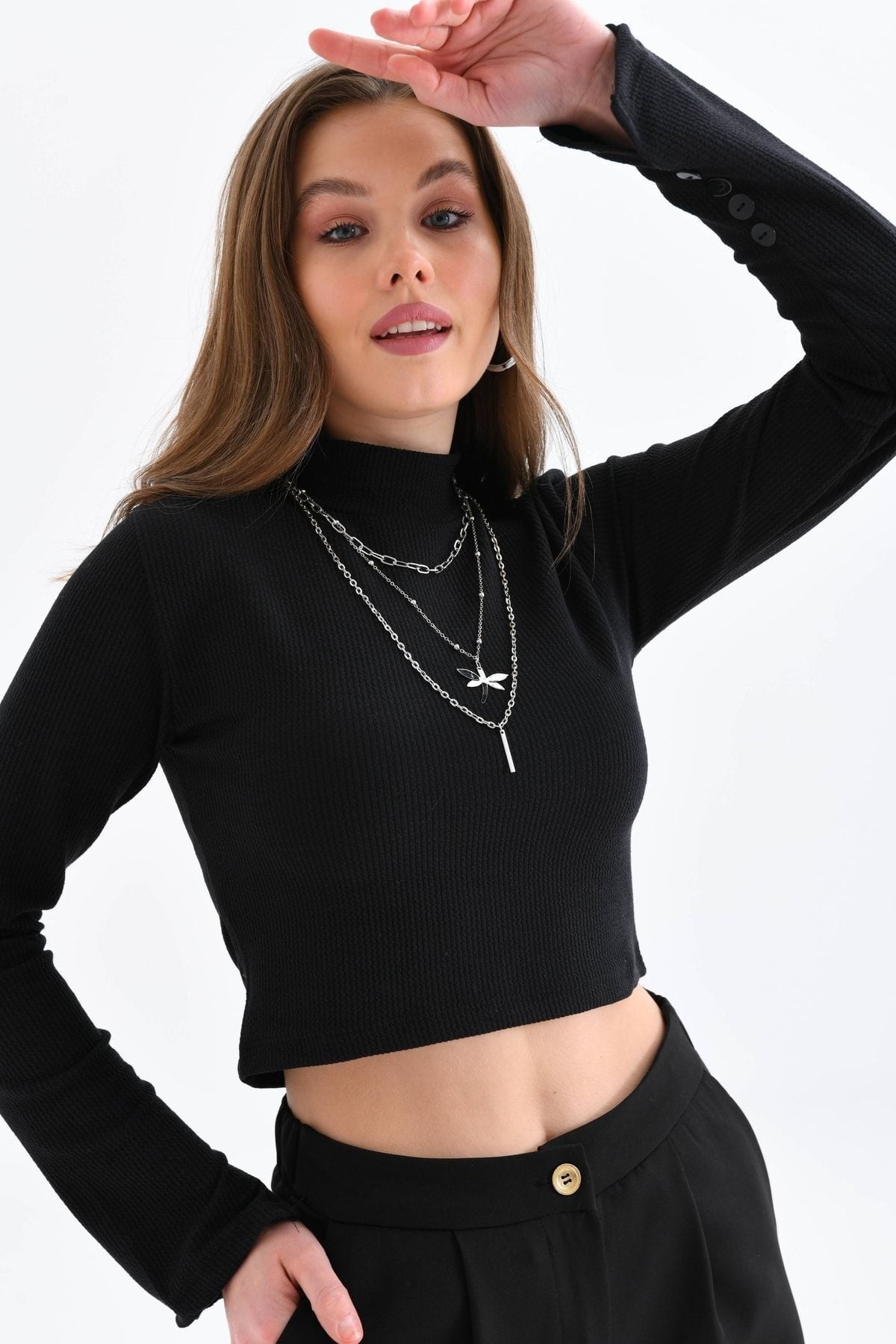 Kadın Yarım Balıkçı Yaka Kolu Düğmeli Crop Bluz Siyah - S