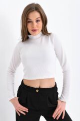 Kadın Yarım Balıkçı Yaka Kolu Düğmeli Crop Bluz Beyaz - S