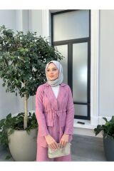 Kadın Bel Büzgülü Keten Ceket Pantolon Takım Pembe - 2XL
