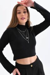 Kadın Yarım Balıkçı Yaka Kolu Düğmeli Crop Bluz Siyah - L