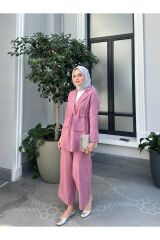 Kadın Bel Büzgülü Keten Ceket Pantolon Takım Pembe - XL