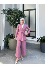 Kadın Bel Büzgülü Keten Ceket Pantolon Takım Pembe - S