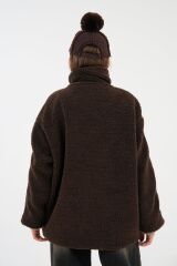 Kadın Şerit Detaylı Fermuarlı Peluş Mont Kahverengi - Standart