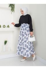 KOPYA - Kadın Çiçekli Etekli Tesettür Takım Siyah - XL