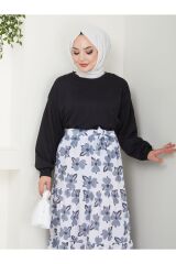 KOPYA - Kadın Çiçekli Etekli Tesettür Takım Siyah - XL