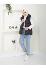 Kadın 3 Cep Kapüşonlu Fermuarlı Dolumlu Yelek Siyah - XL