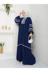 Kadın Şerit İşlemeli Geniş Elbise Lacivert - 48