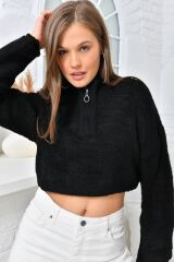 Kadın Yarım Fermuarlı Triko Crop