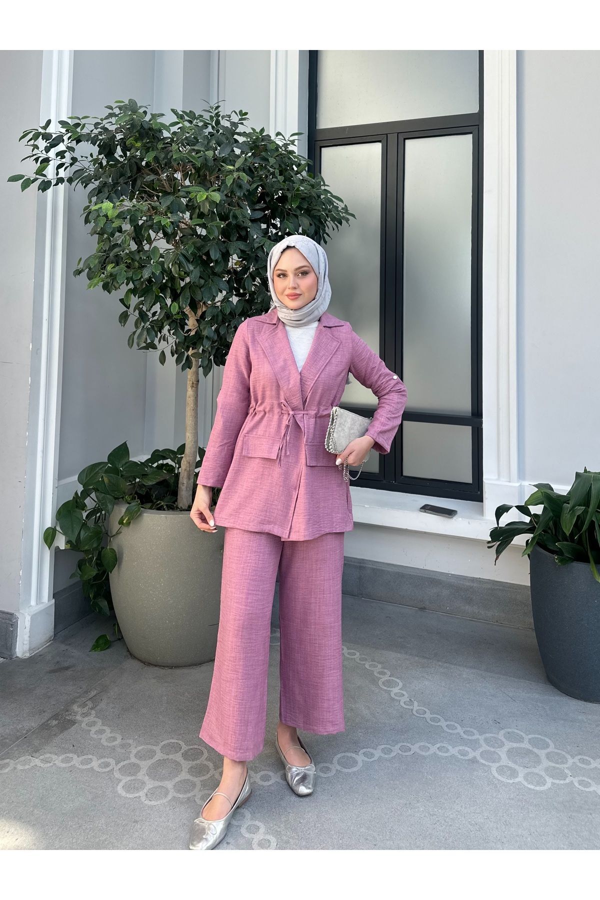 Kadın Bel Büzgülü Keten Ceket Pantolon Takım Pembe - M