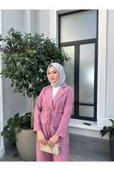 Kadın Bel Büzgülü Keten Ceket Pantolon Takım Pembe - M