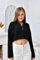 Kadın Yarım Fermuarlı Triko Crop Siyah - Standart
