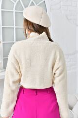 Kadın Yarım Fermuarlı Triko Crop Krem - Standart