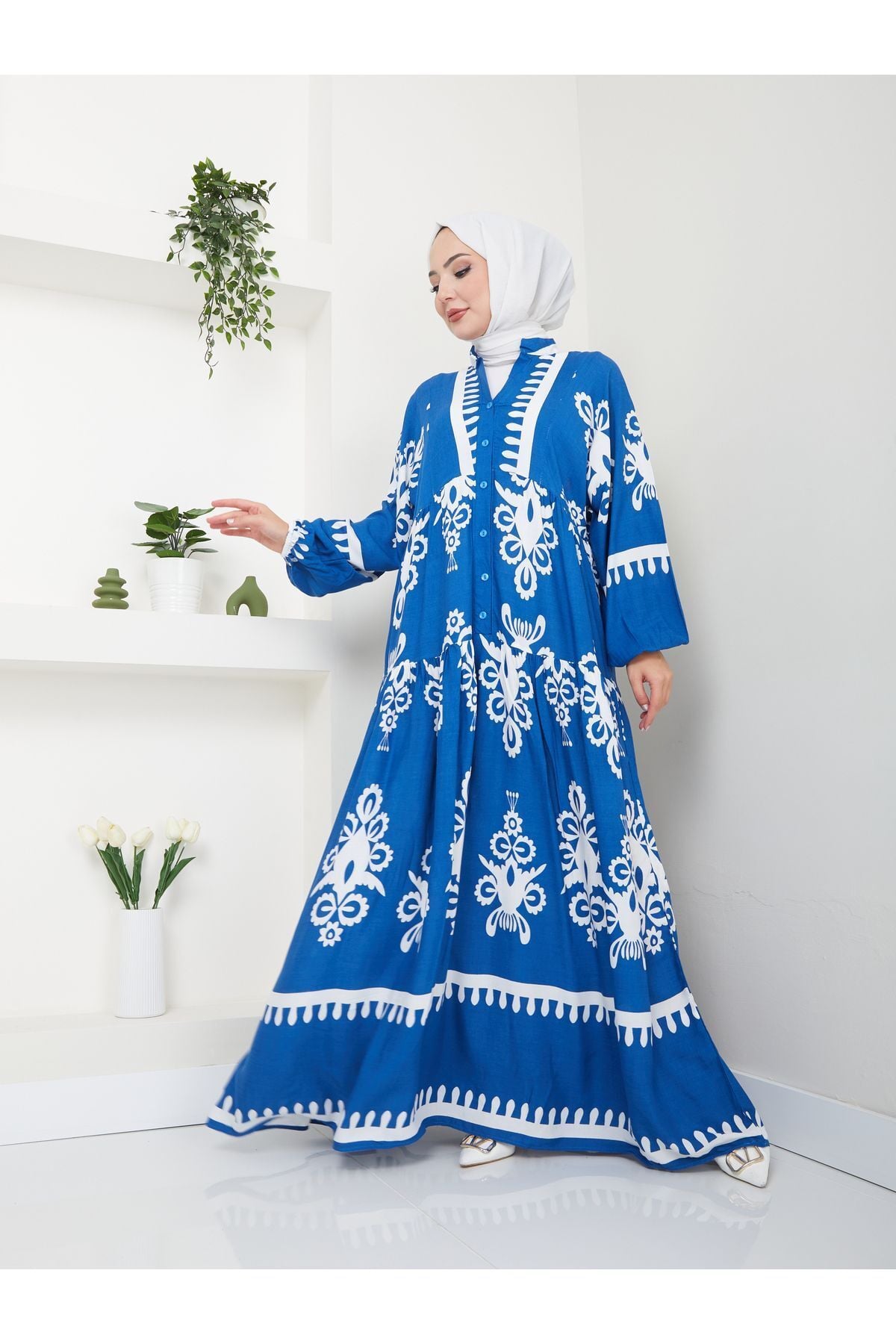 Kadın Etnik Desenli Elbise Mavi - L/XL