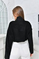 Kadın Yarım Fermuarlı Triko Crop Siyah - Tek Ebat
