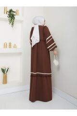 Kadın Şerit İşlemeli Geniş Elbise Kahverengi - 46
