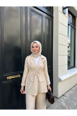 Kadın Bel Büzgülü Keten Ceket Pantolon Takım Bej - S