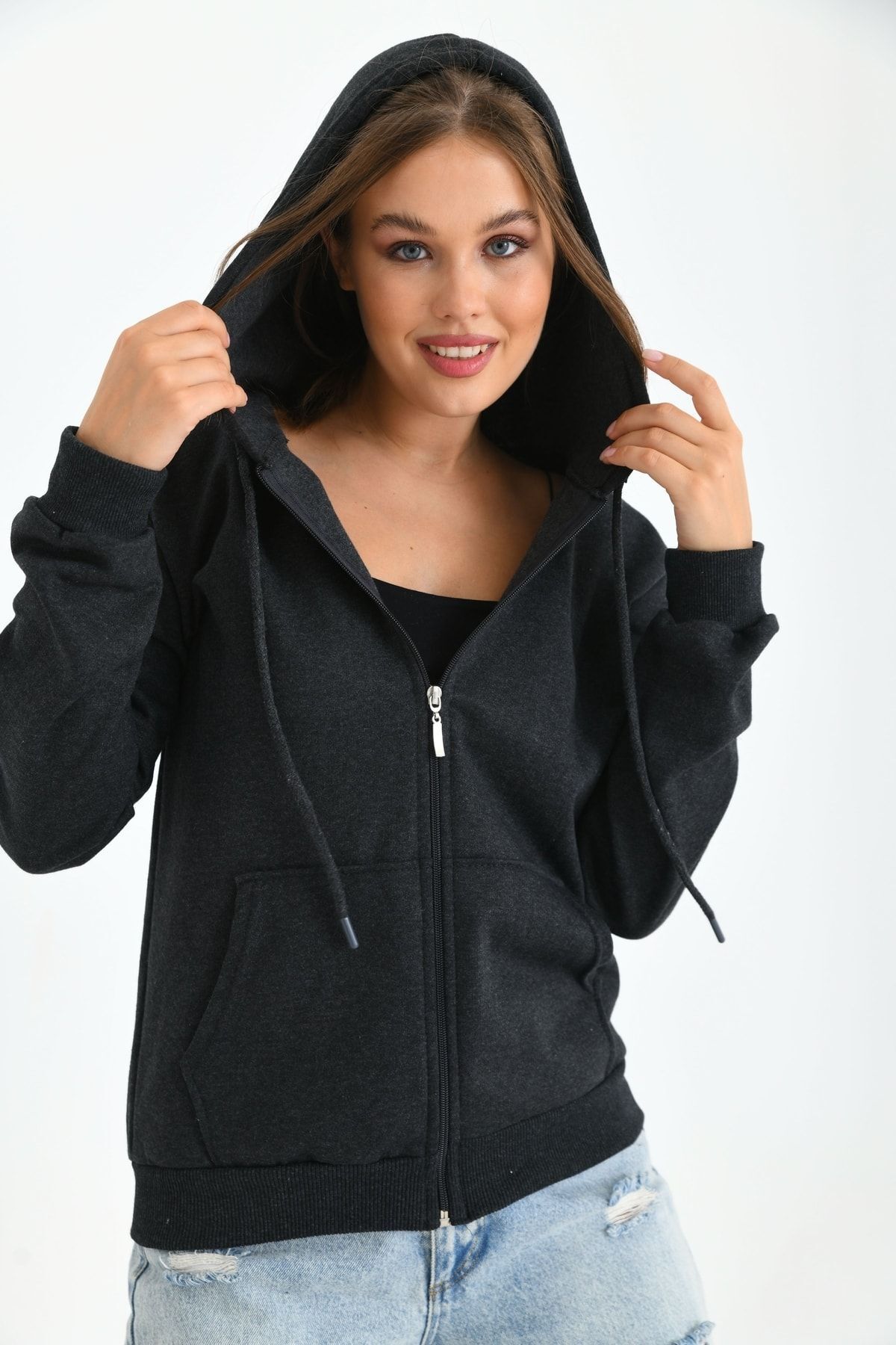 Unisex Kapüşonlu Fermuarlı Sweat