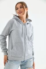 Unisex Kapüşonlu Fermuarlı Sweat Gri - L
