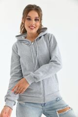 Unisex Kapüşonlu Fermuarlı Sweat Gri - L