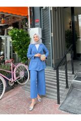 Kadın Bel Büzgülü Keten Ceket Pantolon Takım Mavi - M