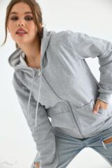 Unisex Kapüşonlu Fermuarlı Sweat Gri - S