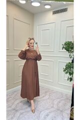 Kadın Yarasa Kol Bel Lastikli Elbise Kahverengi - Standart