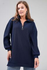 Kadın Fermuarlı Triko Uzun Kazak Lacivert - XL