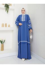 Kadın Şerit İşlemeli Geniş Elbise Mavi - 38