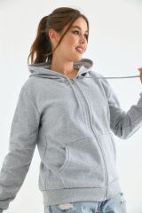 Unisex Kapüşonlu Fermuarlı Sweat Gri - M