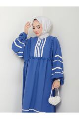 Kadın Şerit İşlemeli Geniş Elbise Mavi - 48
