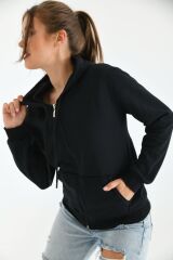 Unisex Kapüşonlu Fermuarlı Sweat Siyah - M