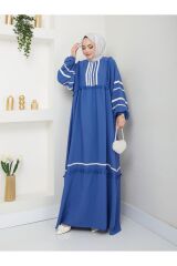 Kadın Şerit İşlemeli Geniş Elbise Mavi - 40