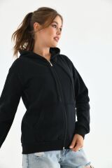 Unisex Kapüşonlu Fermuarlı Sweat Siyah - S