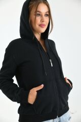 Unisex Kapüşonlu Fermuarlı Sweat Siyah - S