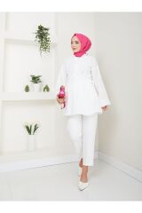 Kadın Yaka Fırfırlı Bağlamalı Tesettür Tunik Beyaz - S/M