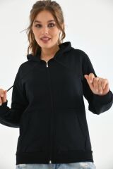 Unisex Kapüşonlu Fermuarlı Sweat Siyah - L