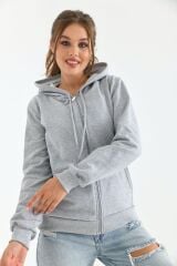 Unisex Kapüşonlu Fermuarlı Sweat Gri - XL