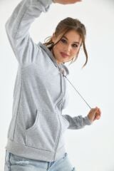 Unisex Kapüşonlu Fermuarlı Sweat Gri - XL