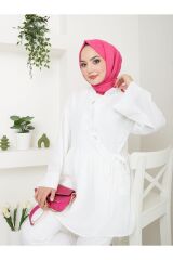 Kadın Yaka Fırfırlı Bağlamalı Tesettür Tunik Beyaz - L/XL