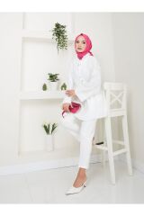 Kadın Yaka Fırfırlı Bağlamalı Tesettür Tunik Beyaz - L/XL