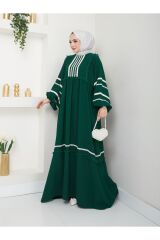 Kadın Şerit İşlemeli Geniş Elbise Yeşil - 48