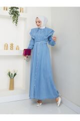 Kadın Yakası Katlı İncili Kot Elbise Mavi - 38