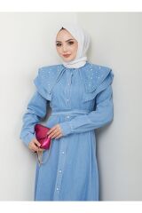 Kadın Yakası Katlı İncili Kot Elbise Mavi - 38
