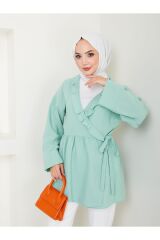 Kadın Yaka Fırfırlı Bağlamalı Tesettür Tunik Yeşil - L/XL