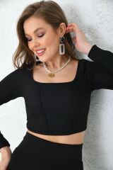 Kadın Kare Yaka Uzun Kollu Crop Bluz Siyah - L